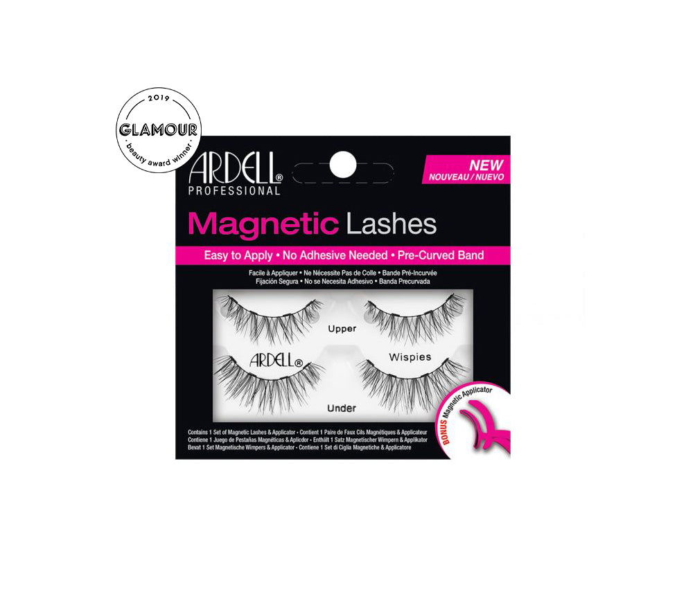 Front view of full upper & lower Ardell Magnetic Wispies faux lashes set in complete retail wall hook packaging