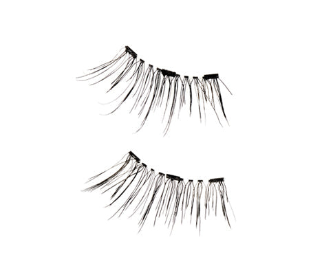 Close-up of Ardell Magnetic Accent 001 upper & lower false lashes for the right eye featuring tiny magnets & lash fibers.