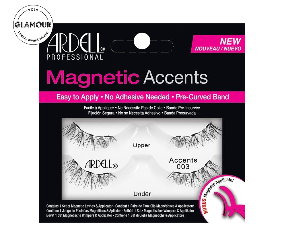 Front view of full upper & lower Ardell Magnetic Accents 003 faux lashes set in complete retail wall hook packaging