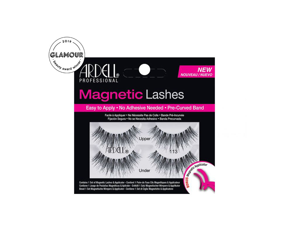 Front view of full upper & lower Ardell Magnetic Wispies 113 faux lashes set in complete retail wall hook packaging
