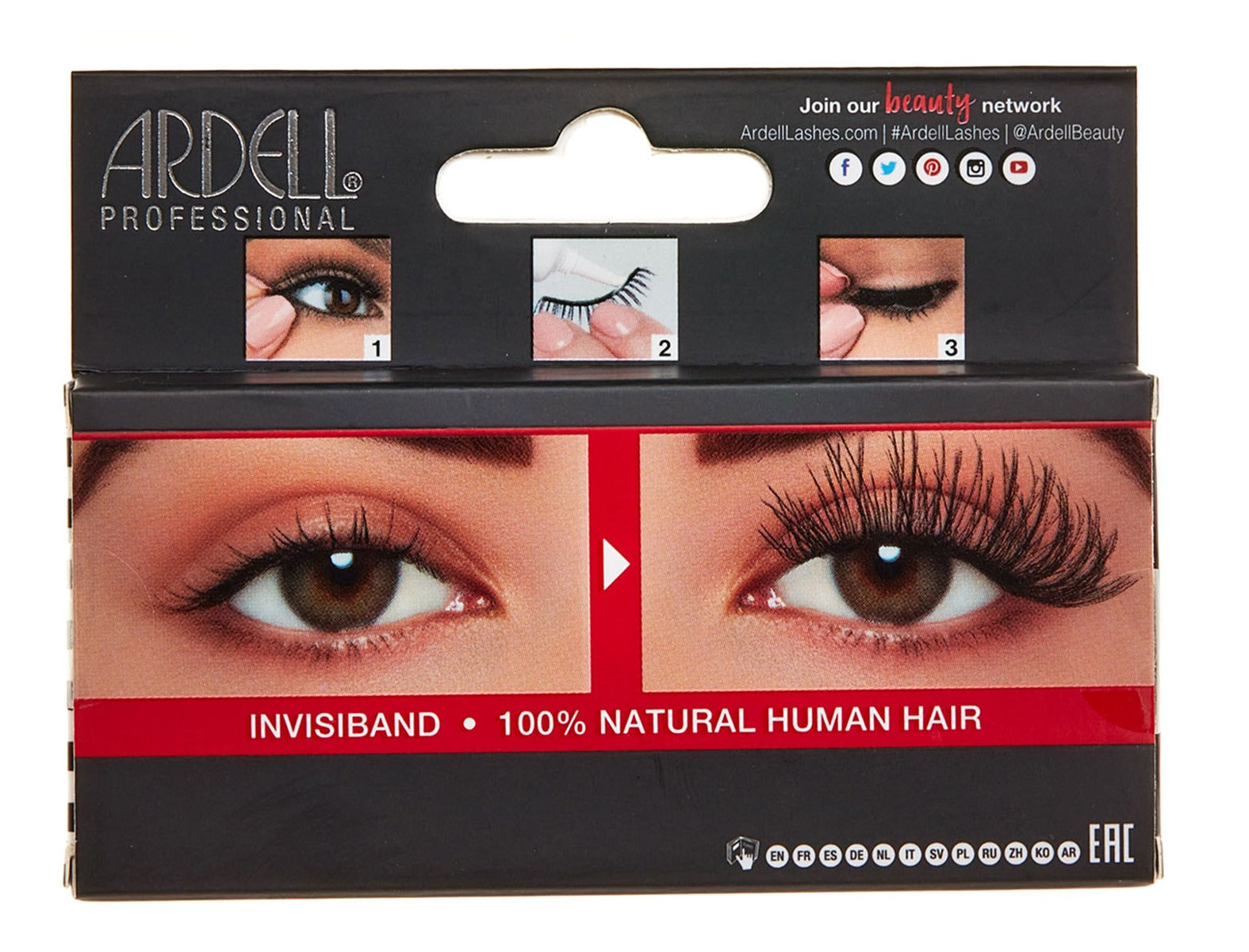 Back details of Ardell's Wispies 704 with image illustration for the steps and image preview after application
