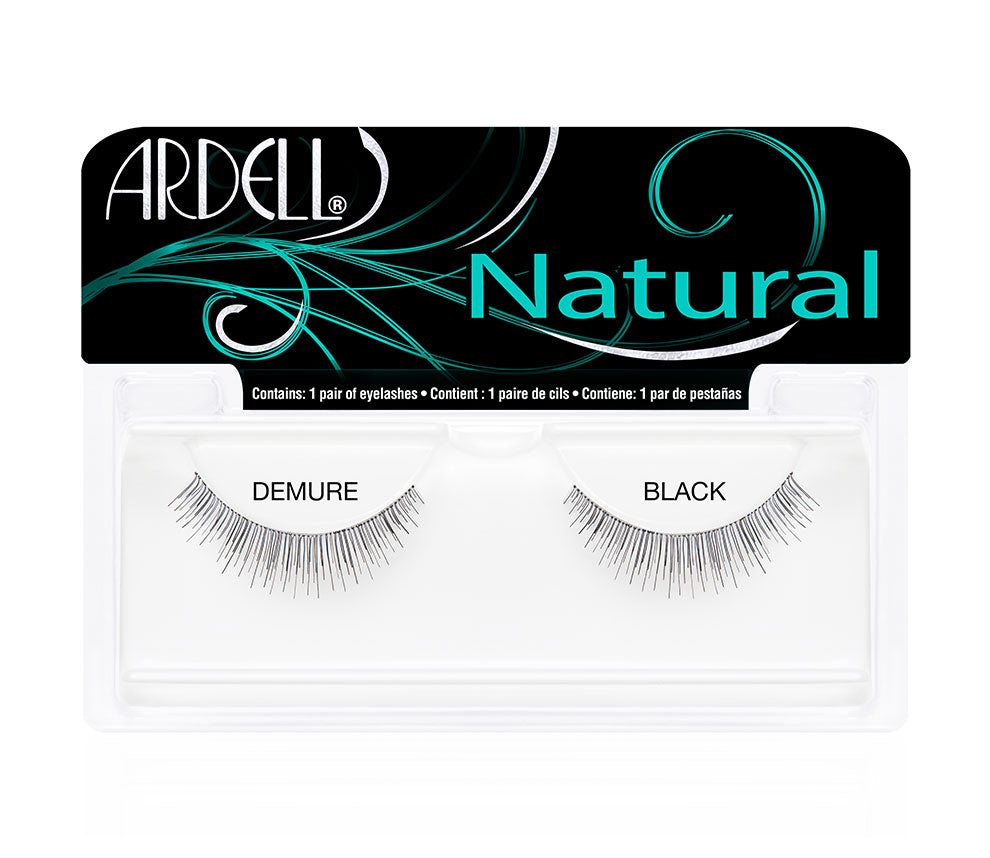 Front of Ardell Lash Lites - Demure wall-hook ready packaging with text of "Demure" and "Black"