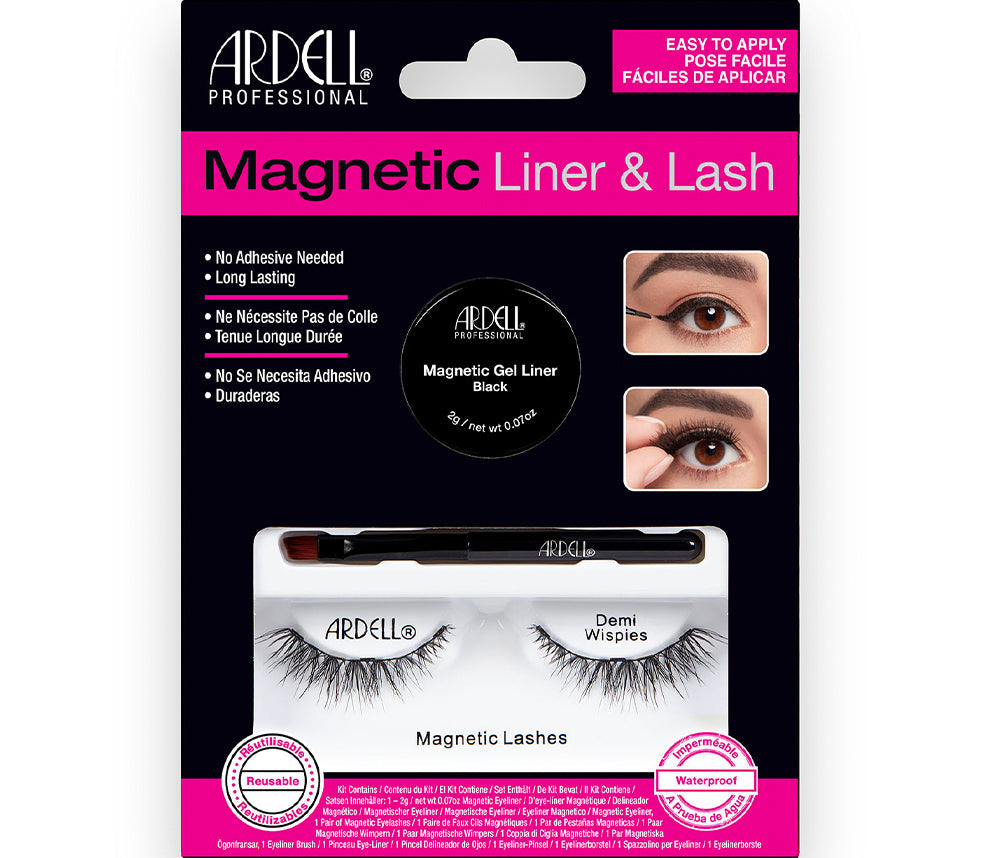 Ardell Magnetic  Liner & Lash Kit Demi Wispies in packaging showing magnetic gel liner, applicator brush, & false lashes