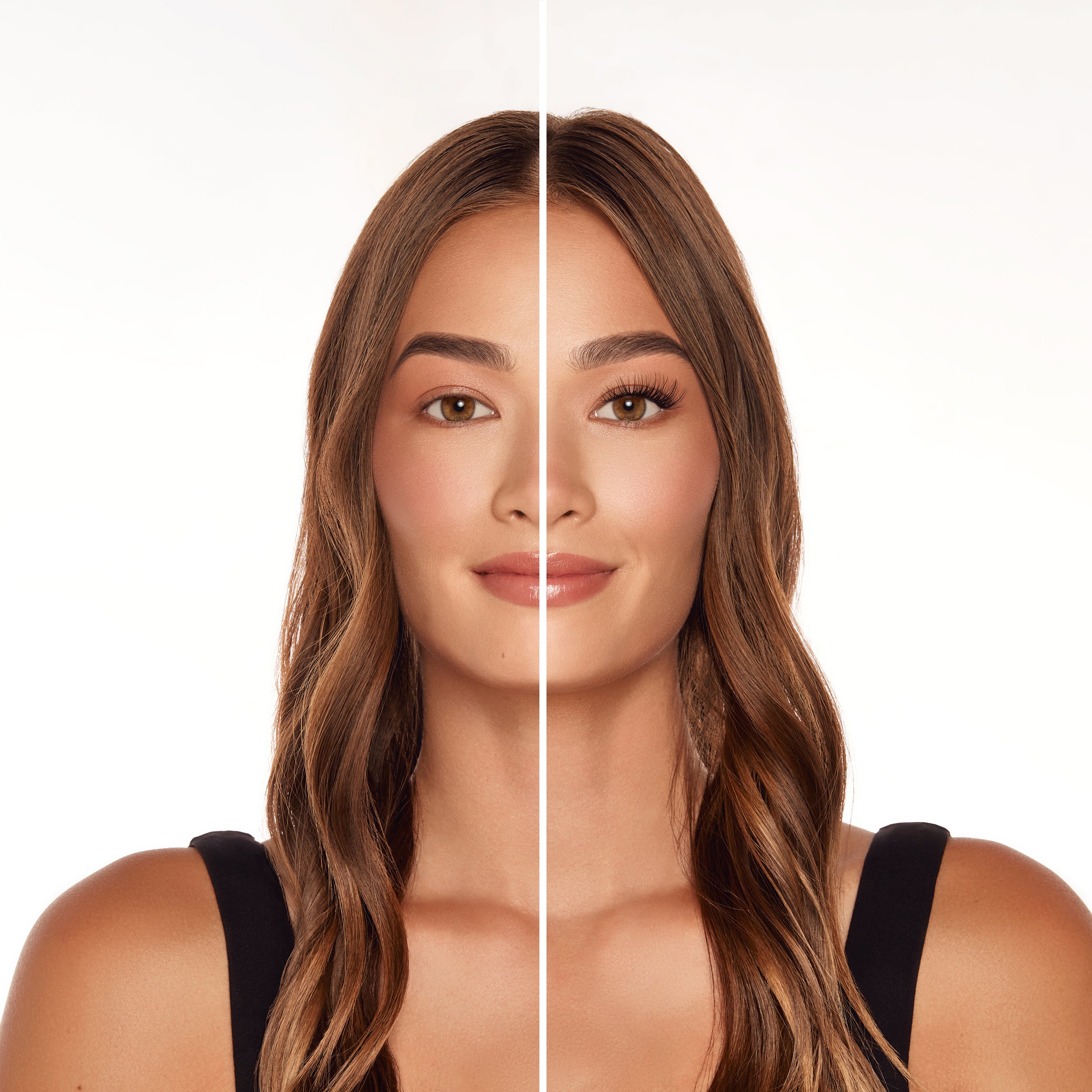 Before and after comparison of Seamless Underlash Extensions Fauxmink on Model with Hooded shaped eyes 