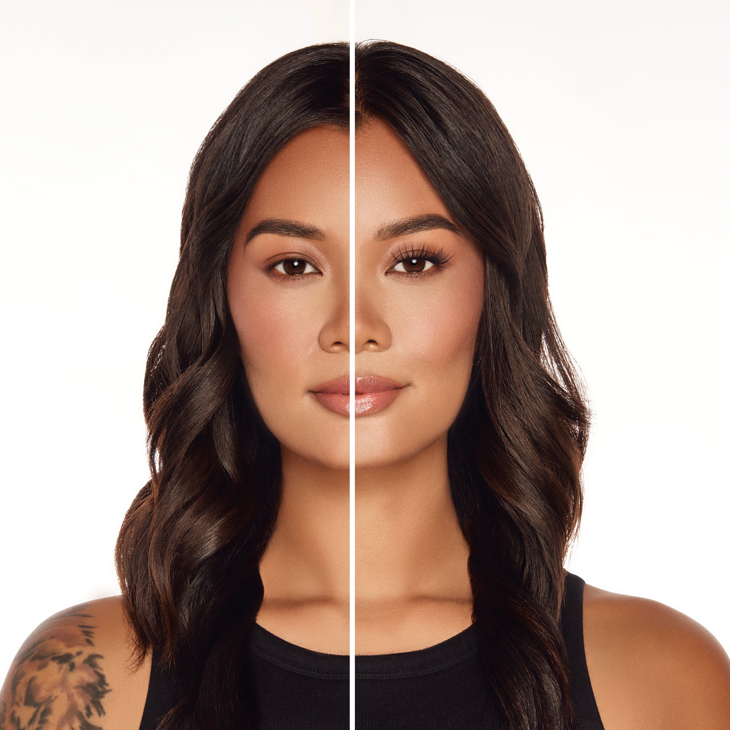 Before and after comparison of Seamless Underlash Extensions Fauxmink on Model with Monolid shaped eyes 