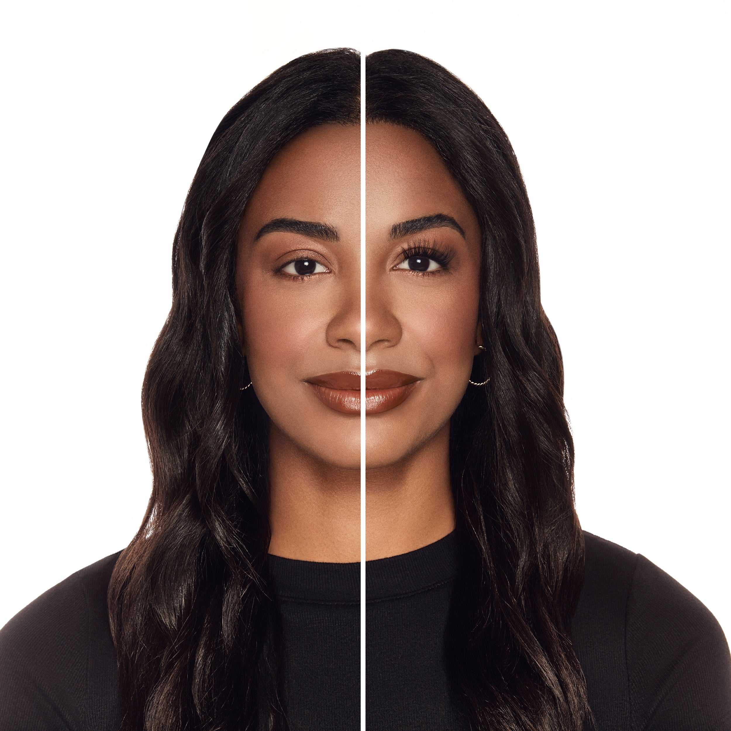 Before and after comparison of Seamless Underlash Extensions Fauxmink on Model with Round shaped eyes 