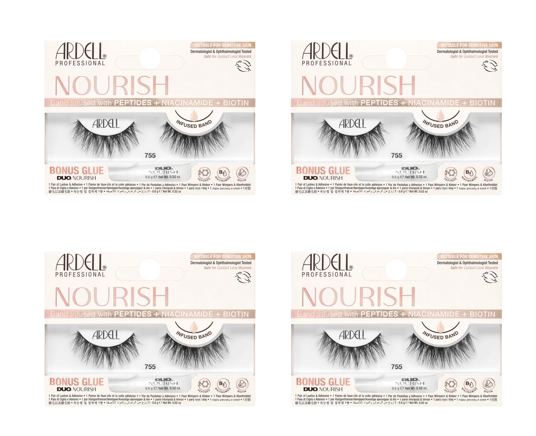 Four boxes of Ardell Nourish false eyelashes on a white background