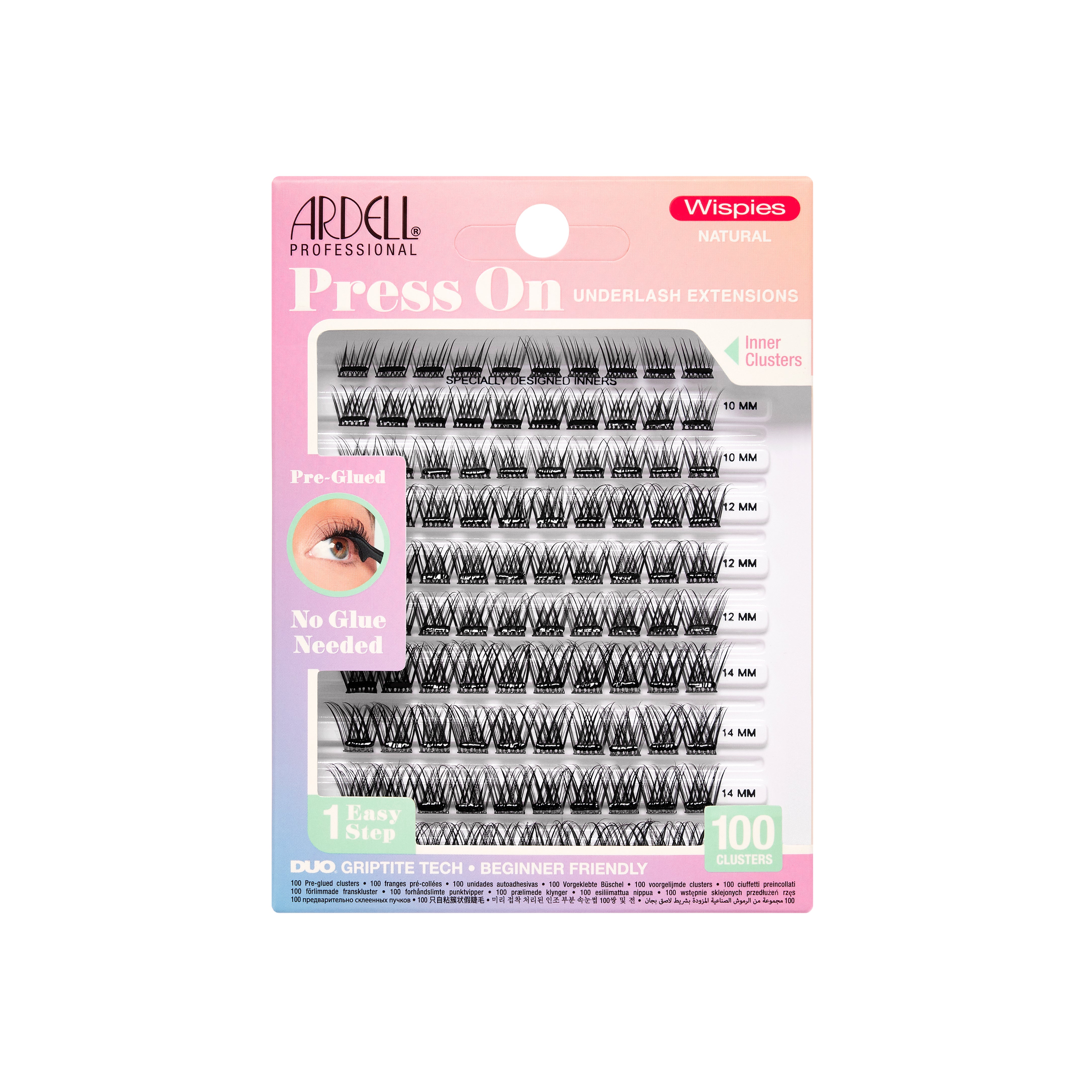 Front packaging of Press On Pre-Glued Underlash Extensions Wispies Natural 100 ct
