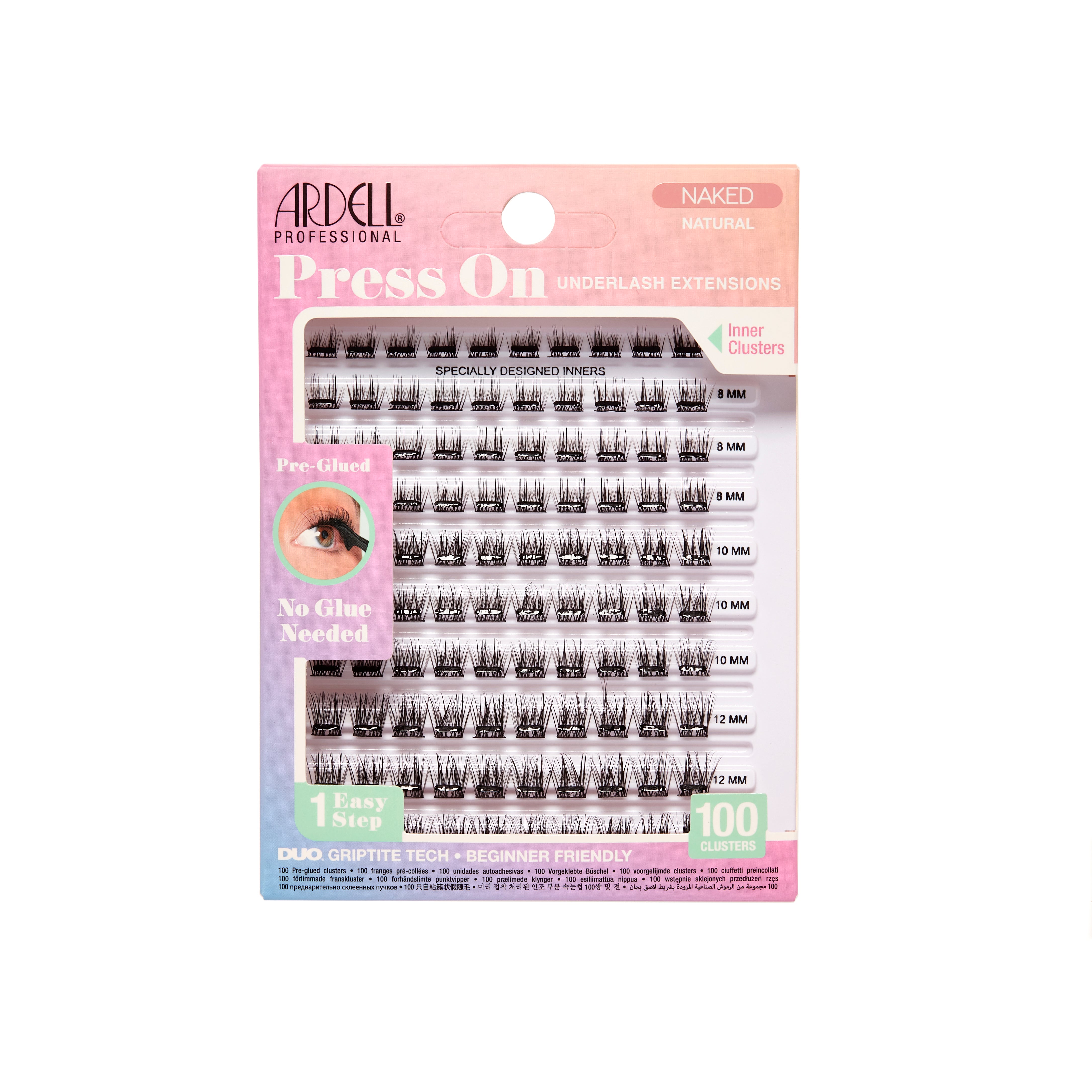 Front packaging of Press On Pre-Glued Underlash Extensions Naked Natural 100 ct