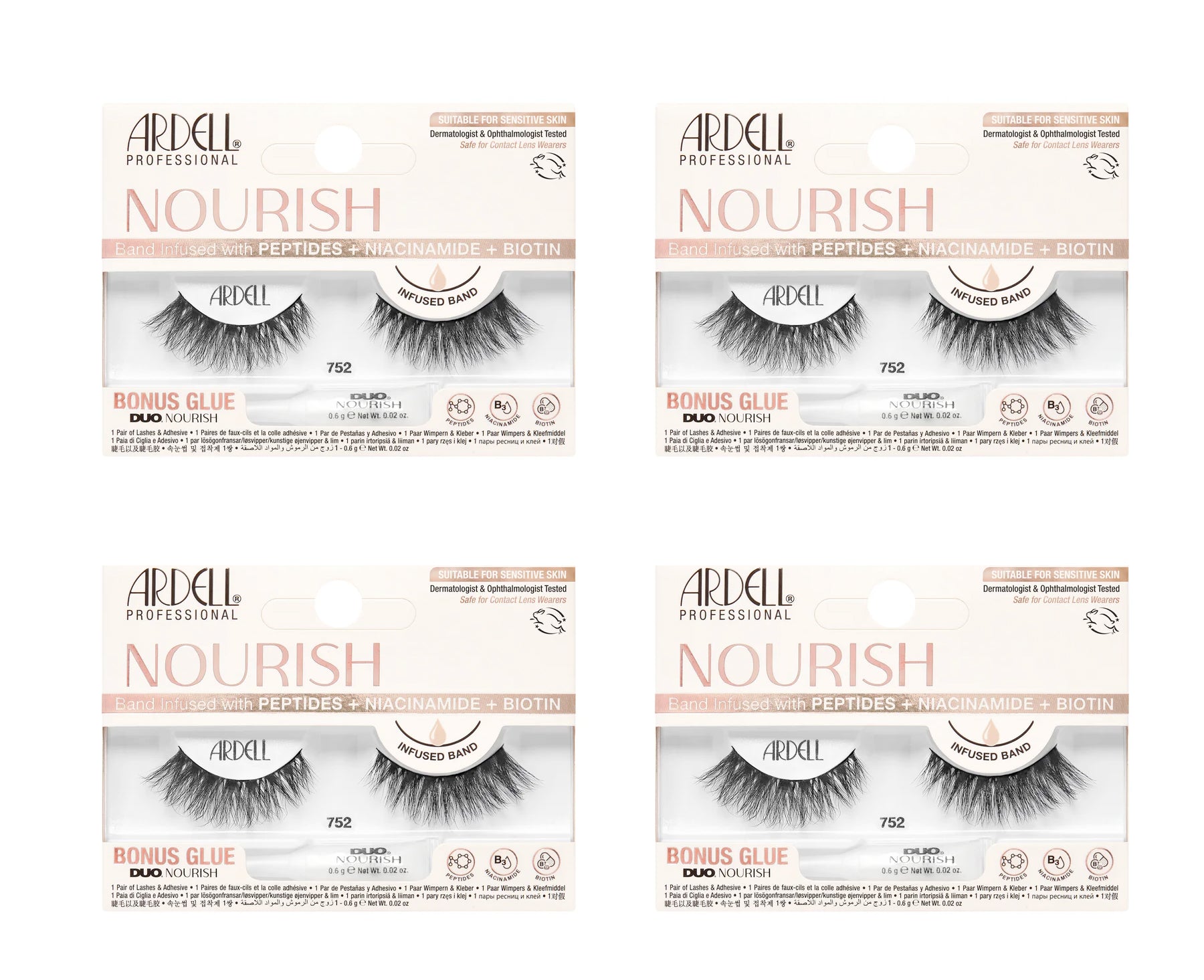 Four boxes of Ardell Nourish false eyelashes with visible branding and product details.