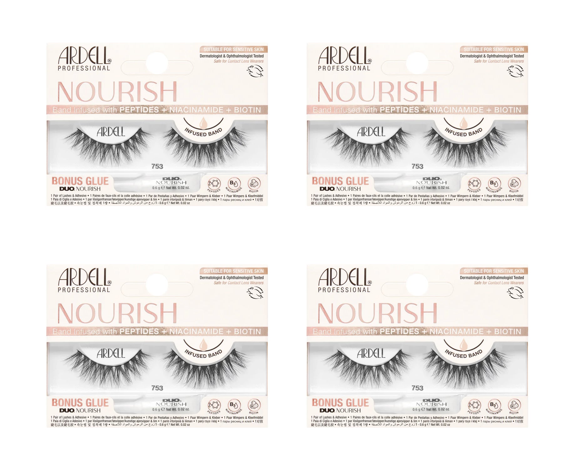 Four boxes of Ardell Nourish false eyelashes on a white background