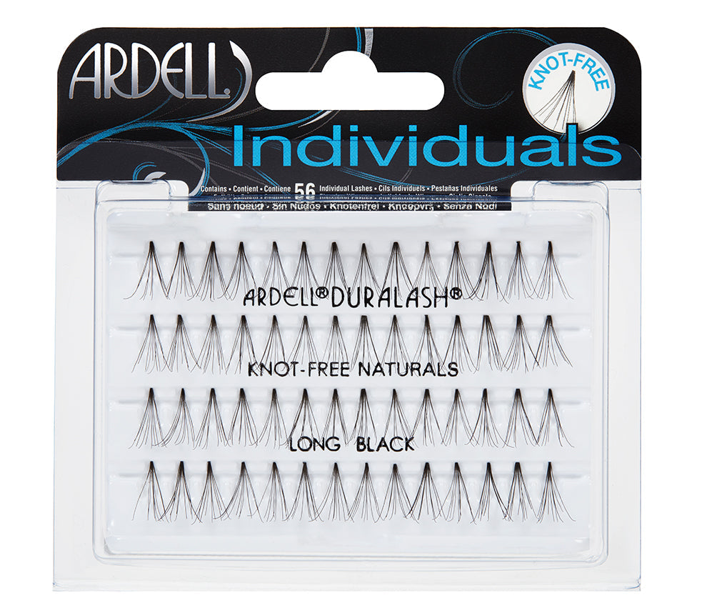 Front view of an Ardell Knot-Free Naturals Duralash Individuals - Long faux lashes set in complete retail wall hook packaging