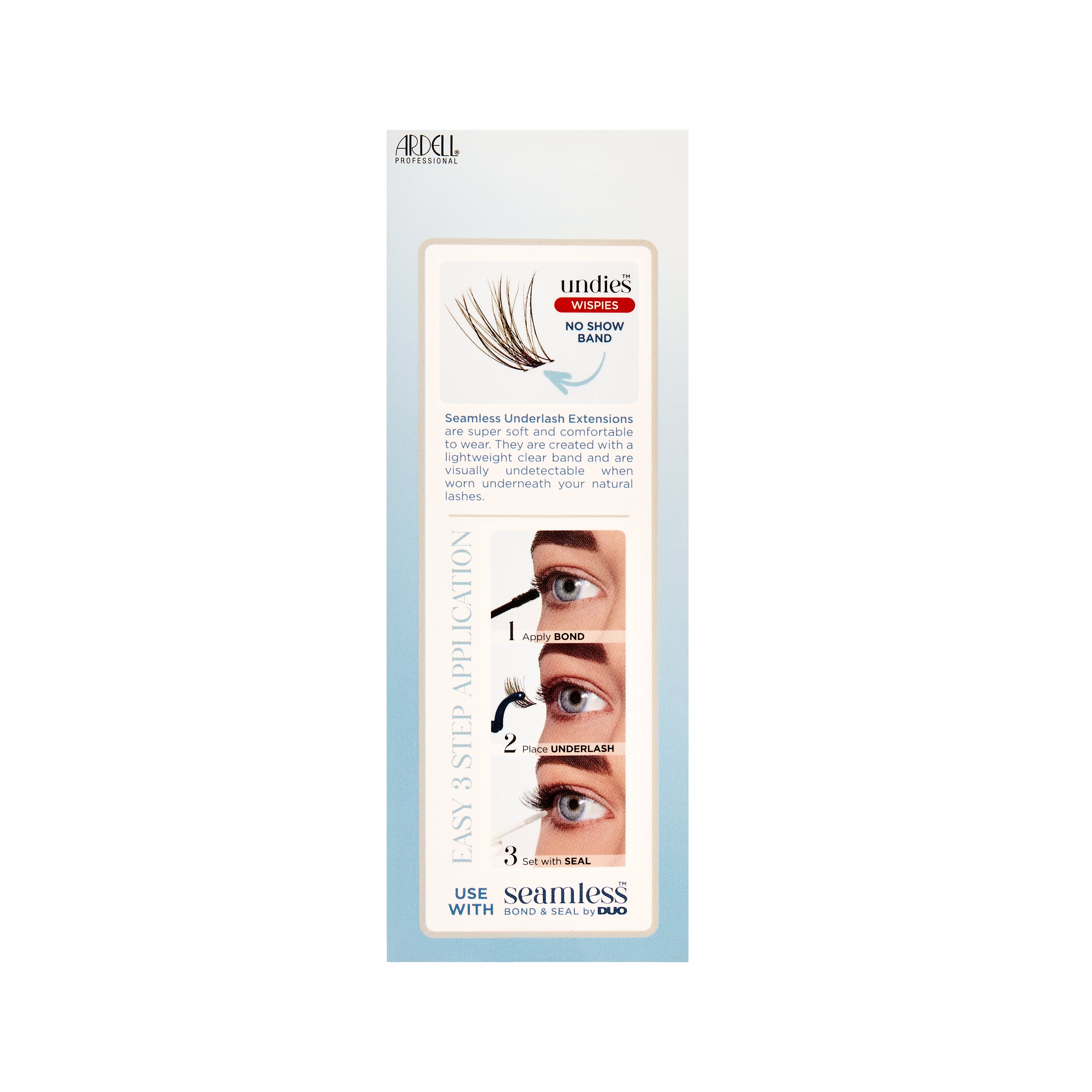 Back packaging of Seamless Underlash Wispies with Invisiband 32 Ct