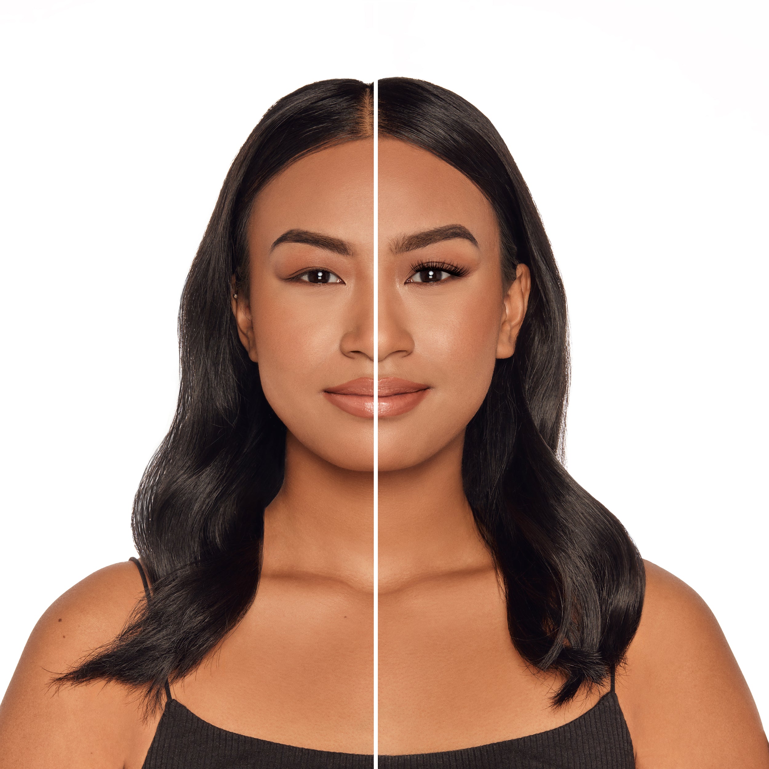 Before and after comparison of Seamless Underlash Extensions Light As Air on Model with Monolid shaped eyes 