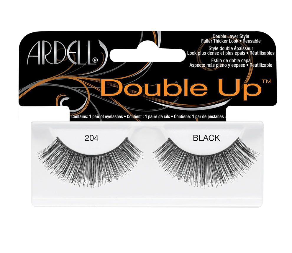 A pair of Ardell Double Up 204 featuring its full, fluffy & two-layered lashes in its wall-hook ready packaging