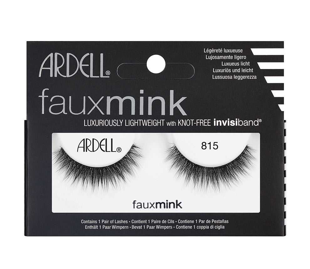 A single pair of Ardell's 3D Faux Mink 815 eyelash inside its box indicating details on the packaging