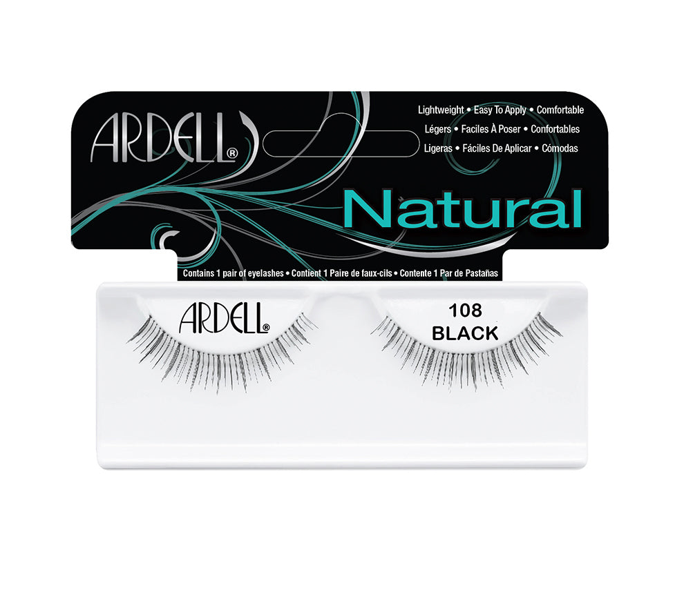 Front view of an Ardell Natural 108 faux lashes set in complete retail wall hook packaging