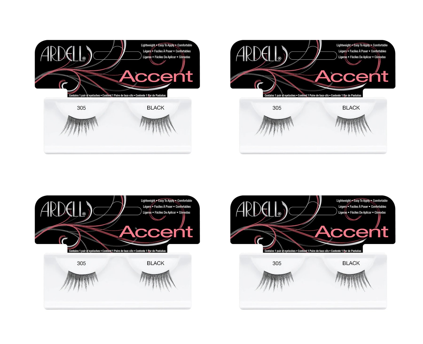 Four packages of Ardell Accent false eyelashes on a white background