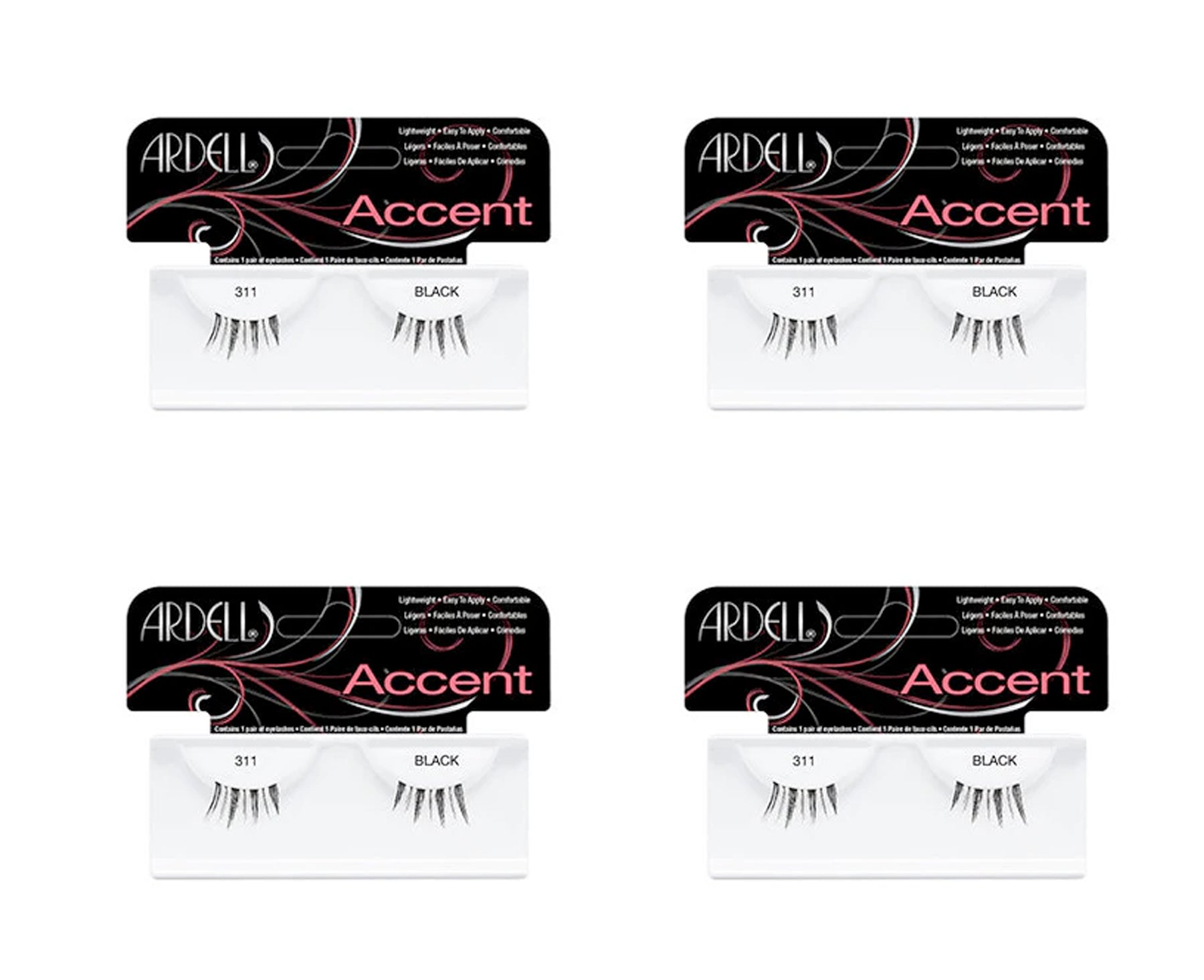 Four packages of Ardell Accent false eyelashes on a white background