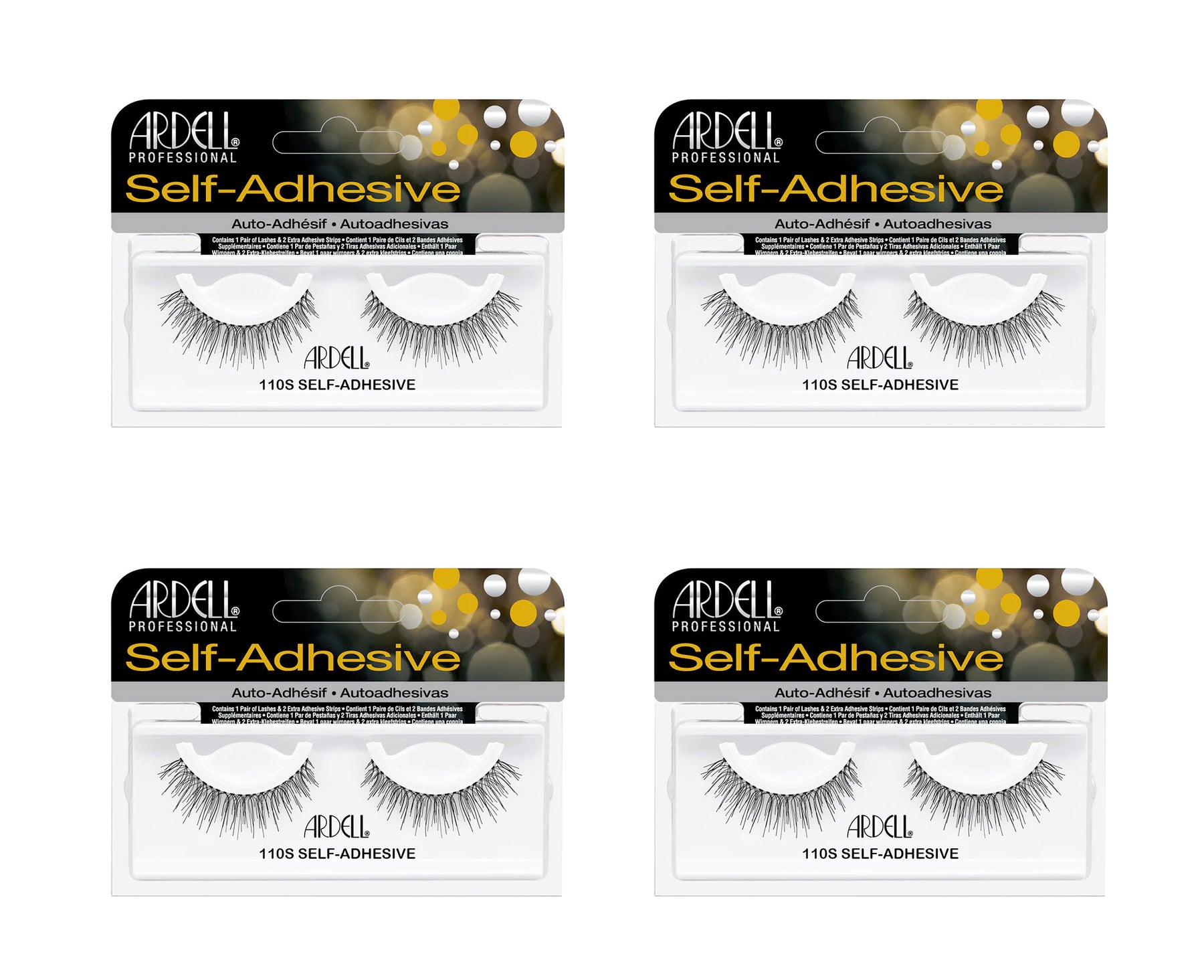 Four packages of Ardell self-adhesive false eyelashes on a white background