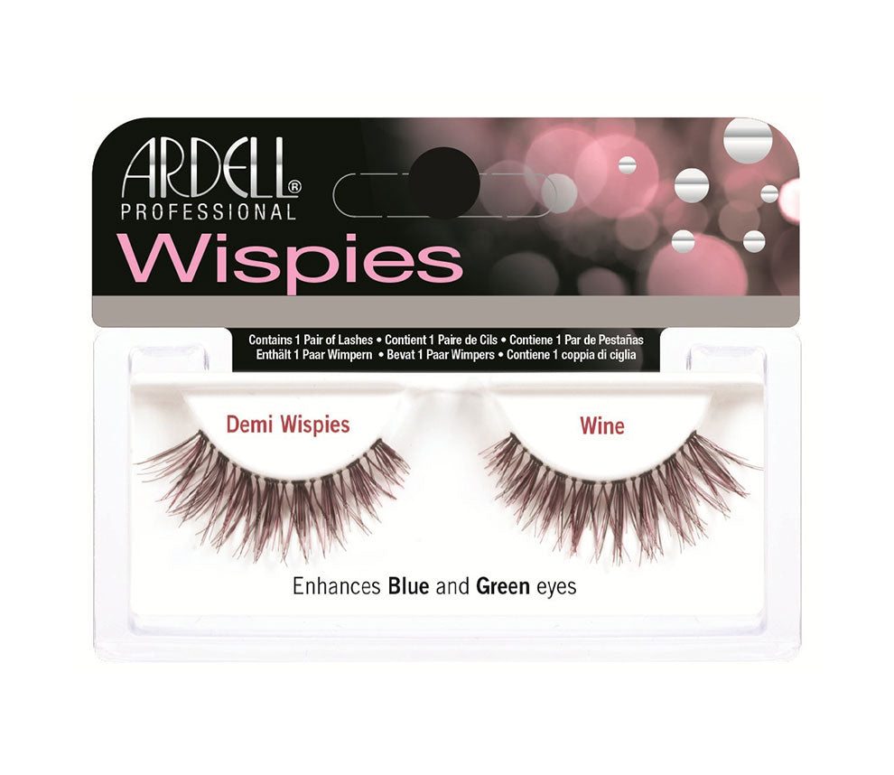 Front view of an Ardell Demi Wispies Wine false lashes set in complete retail wall hook packaging