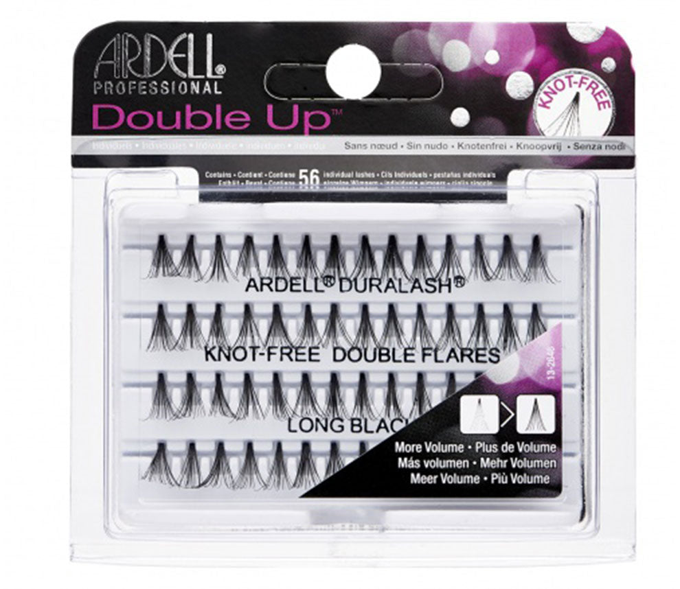 A set of 56 Ardell Knot-Free Double Up Individuals in long length placed into its retail wall hook with some texts on it