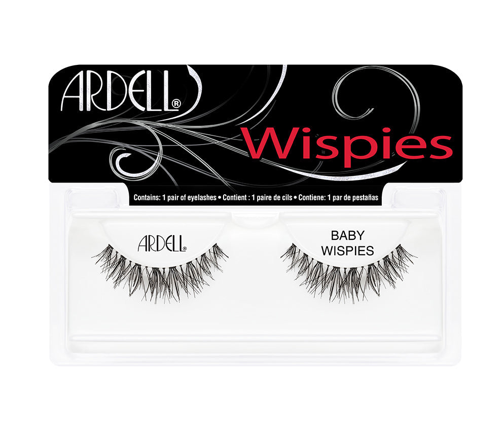 A pair of Ardell Baby Wispies placed on its retail wall hook with some texts on it