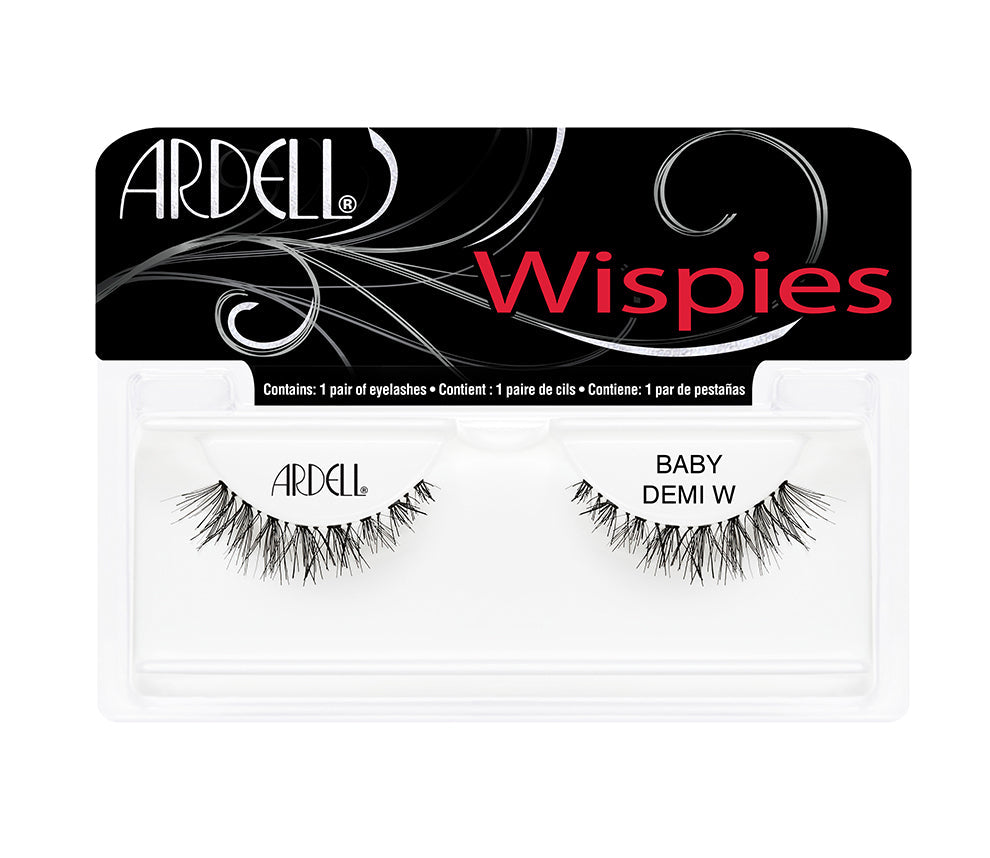 A single pair of Ardell Baby Demi Wispies inside its retail packaging with some texts on  it