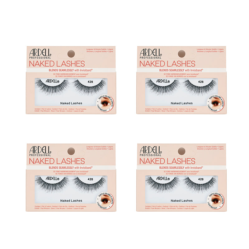 Four packages of Ardell Naked Lashes on a white background