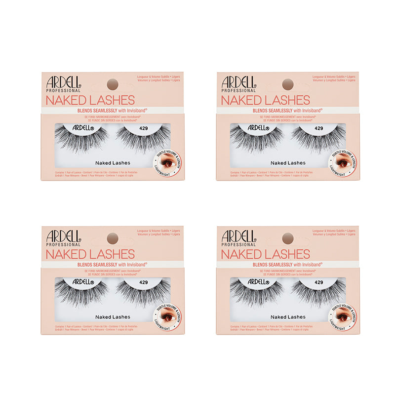 Four packages of Ardell Naked Lashes on a white background