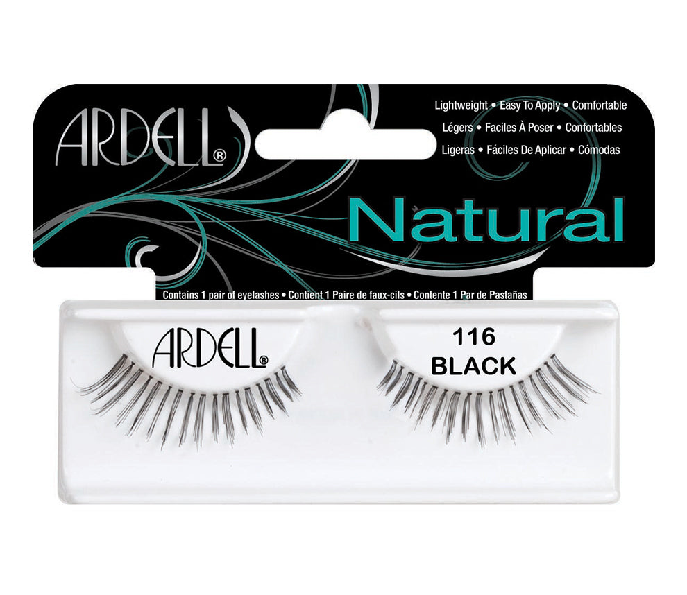 Front view of an Ardell Natural 116 faux lashes set in complete retail wall hook packaging
