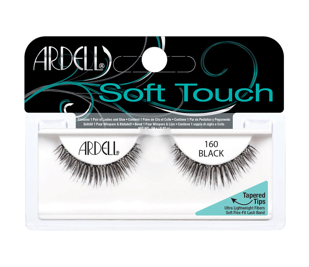 Front view of an Ardell Soft Touch 160 faux lashes set in complete retail wall hook packaging