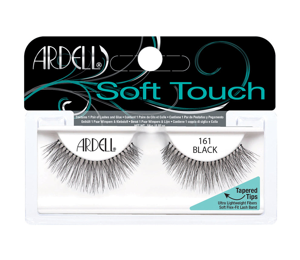 Front view of an Ardell Soft Touch Natural Lashes 161 faux lashes set in complete retail wall hook packaging