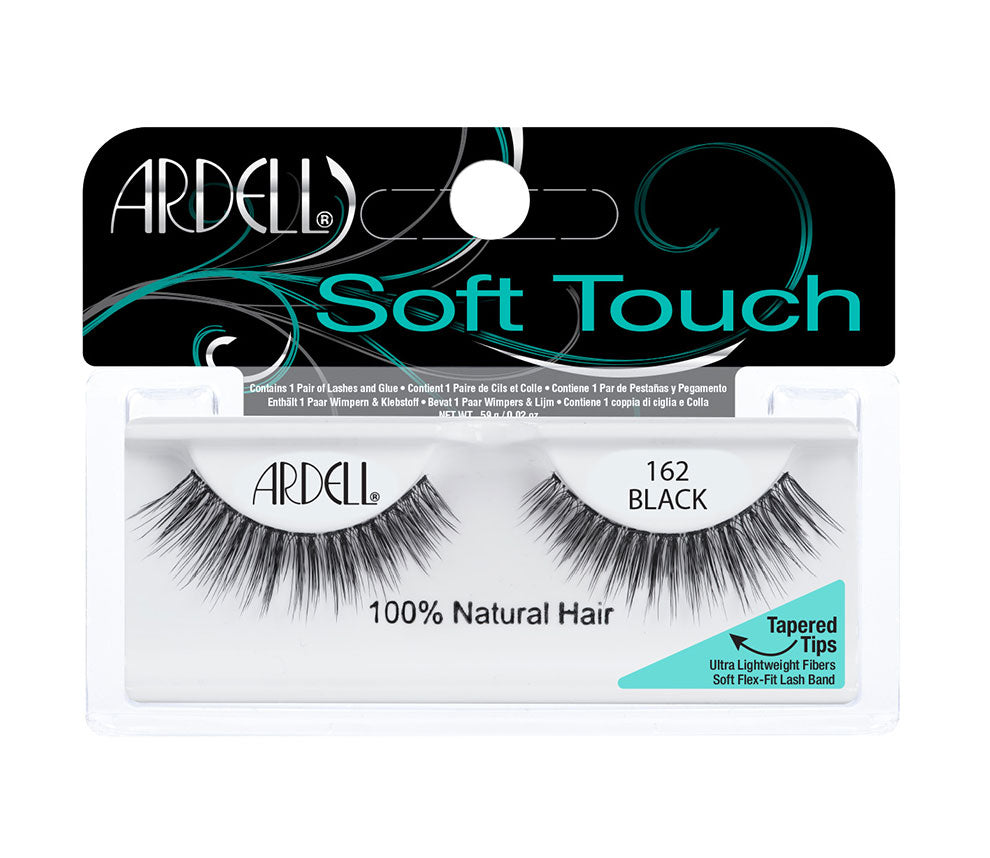 Front view of an Ardell Soft Touch 162 faux lashes set in complete retail wall hook packaging