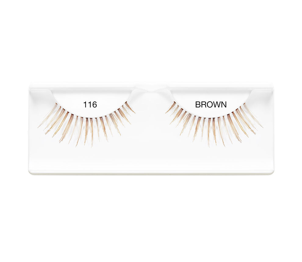 Pair of Ardell Natural 116 Brown false lashes set in inner plastic packaging labelled "116" & "Brown"