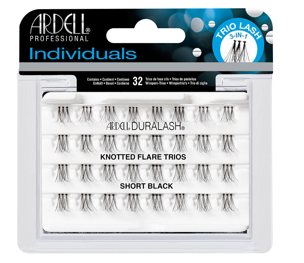 Front view of  an Ardell Duralash Knotted Flare Individuals Trios - Short faux lashes set in retail wall hook packaging
