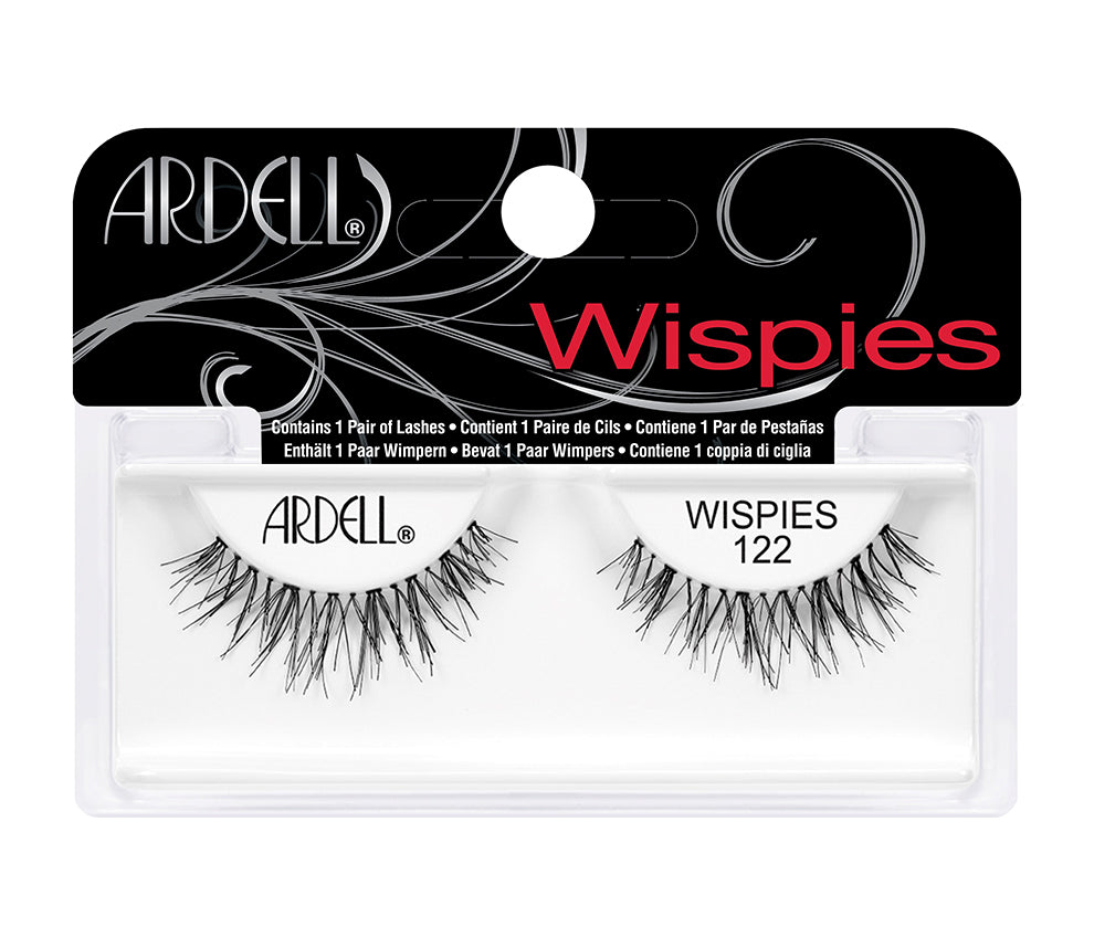 Ardell Wispies 122 inside its retail packaging with some product texts on  it