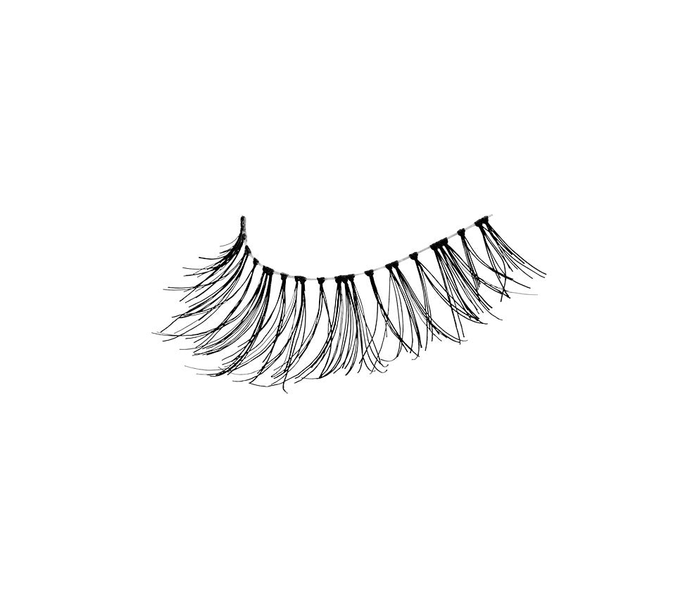 An angle shot of Ardell Wispies 122 showing signature Wispies style with crisscross, feathering & curl lash style