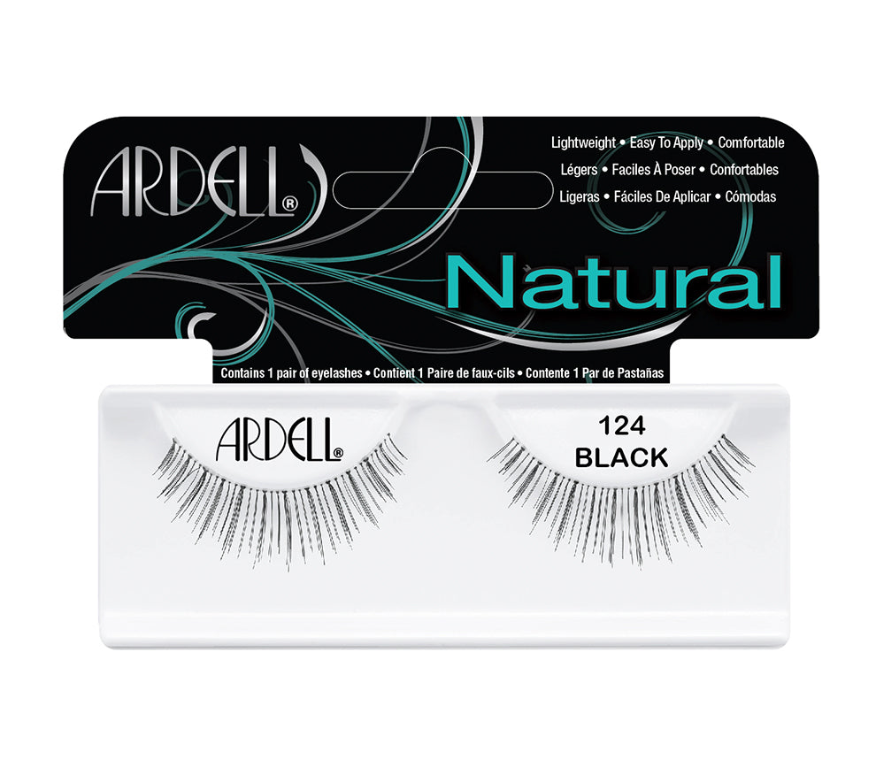 A pair of Ardell Natural 124 in a single pack retail lash package with "124 Black" label text and printed product details