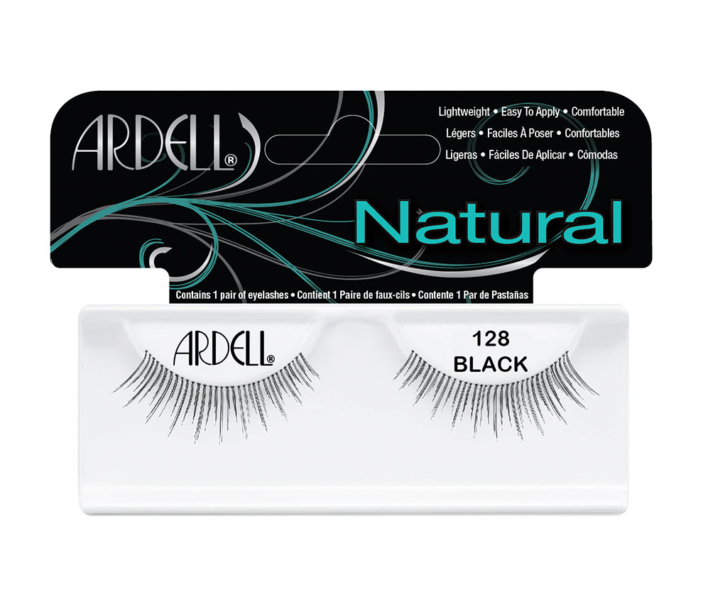 A single pair of Ardell Natural 128 inside its wall-hook ready retail packaging with some text written on it