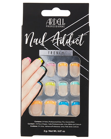 A front view of Ardell Nail Addict  Artificial Nail with Rainbow french Tips in a wall hook ready packaging