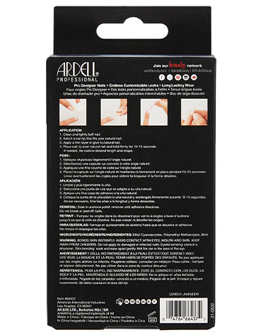 The back labeled details of  Ardell Nail Addict Premium in Lovely Lavander color l in a wall hook ready packaging