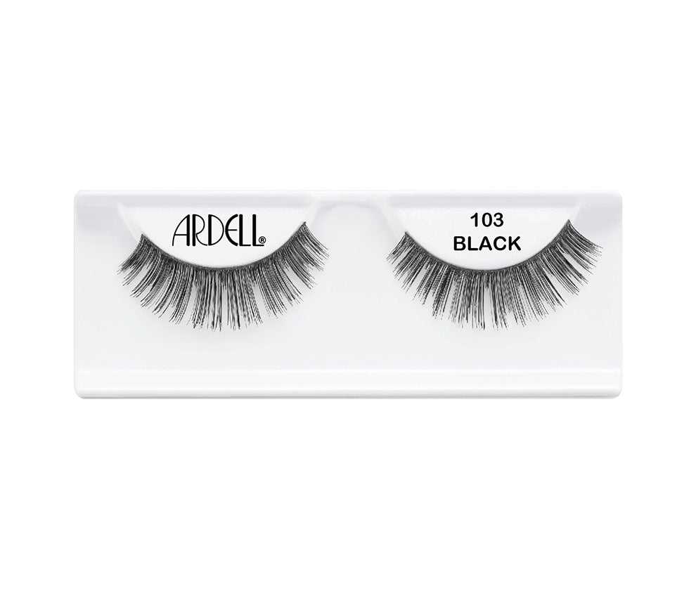 Pair of Ardell Natural 103 faux lashes in inner packaging labelled "Ardell" & "103 Black"