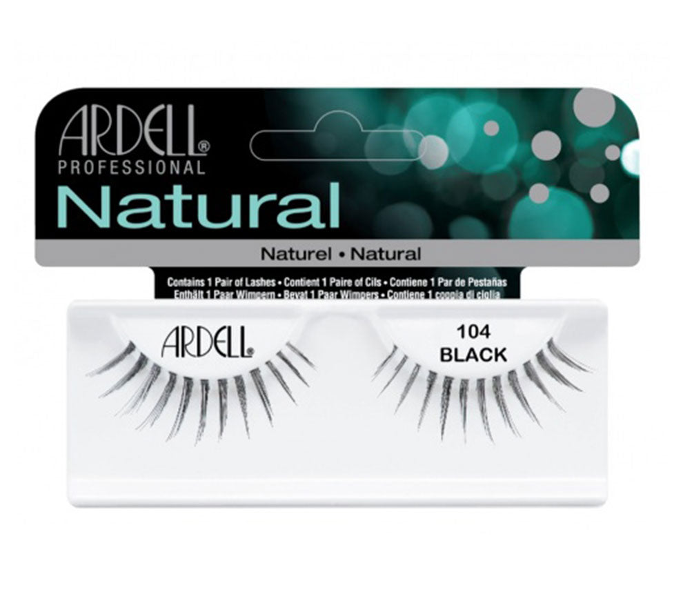 Front view of an Ardell Natural 104 faux lashes in complete retail wall hook packaging