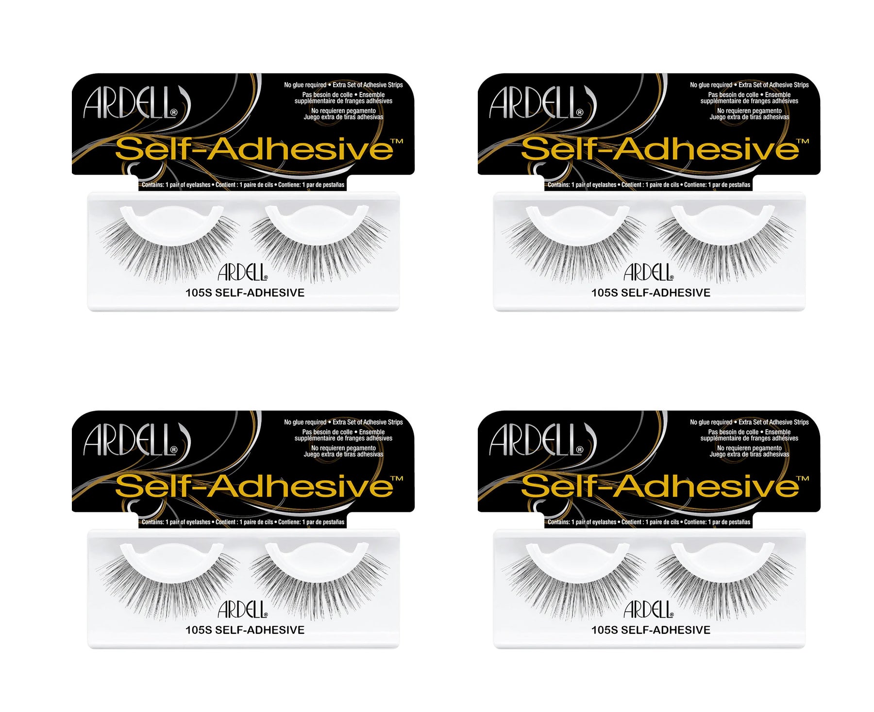 Five packages of Ardell Self-Adhesive eyelashes on a white background