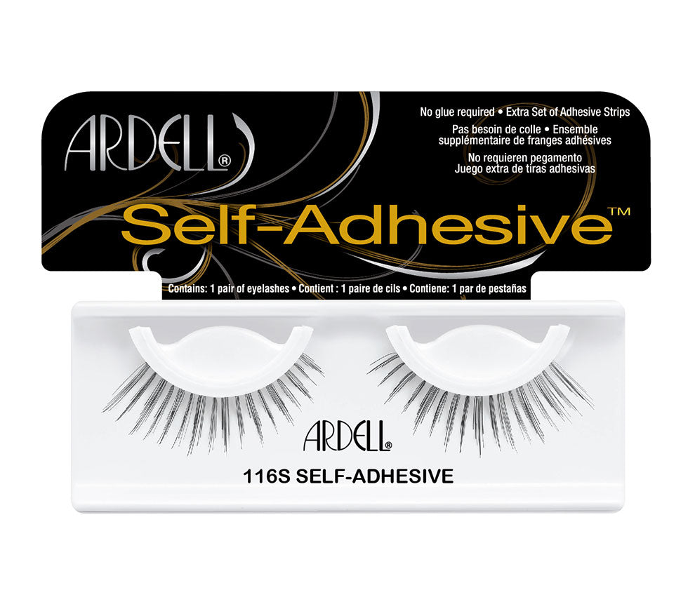 Front view of an Ardell Self Adhesive Lash 116S false lashes set in complete retail wall hook packaging