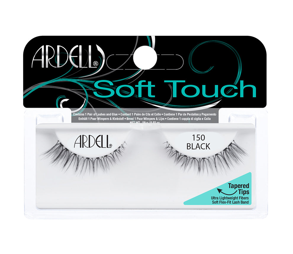 Front view of an Ardell Soft Touch 150 faux lashes set in complete retail wall hook packaging