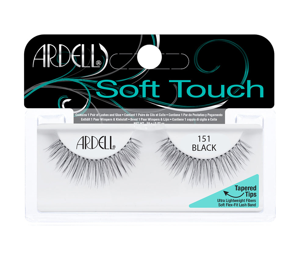 Front view of an Ardell Soft Touch 151 faux lashes set in complete retail wall hook packaging