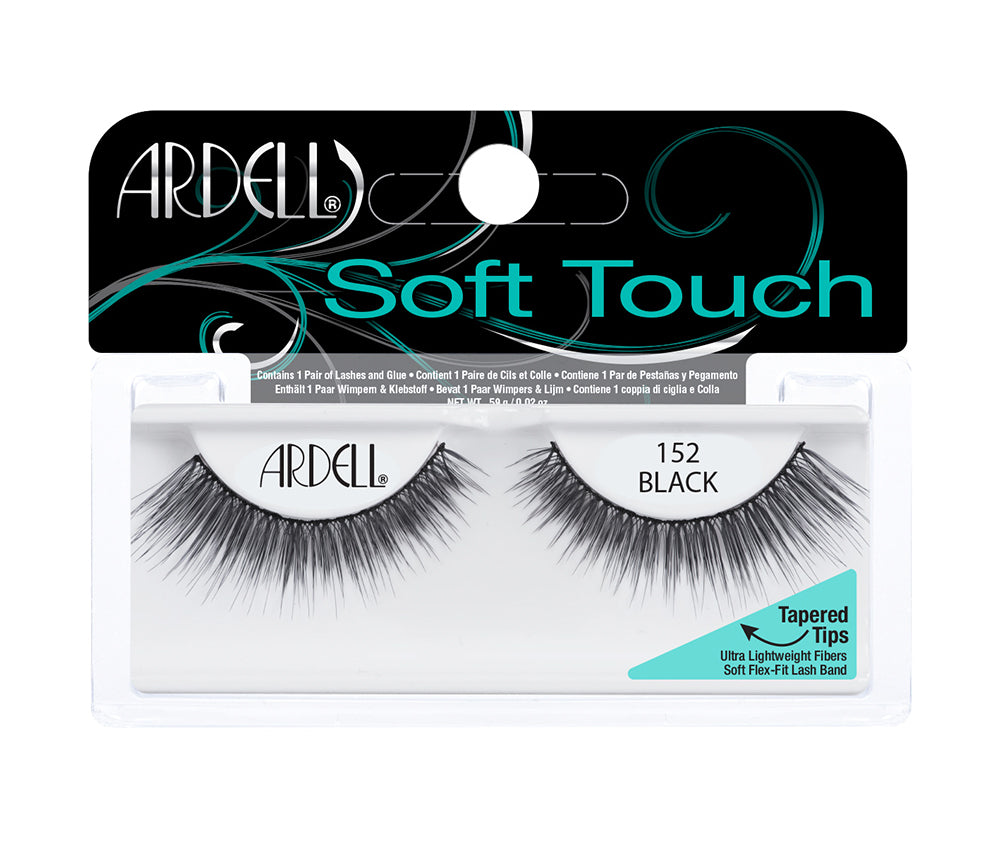Front view of an Ardell Soft Touch 152 faux lashes set in complete retail wall hook packaging
