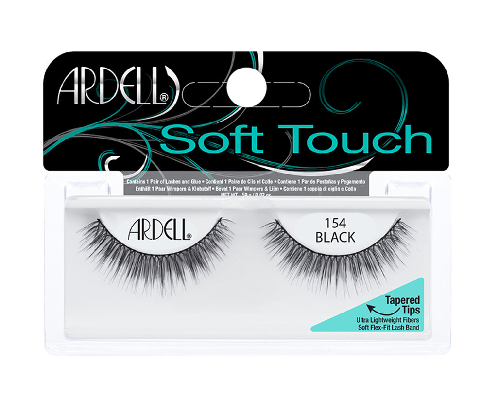 Front view of an Ardell Soft Touch 154 faux lashes set in complete retail wall hook packaging